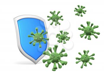 Shield protect form viruses and bacteria cells isolated on white background 3D illustration, coronavirus COVID-19 protection, medical health, immune system and health protection concept