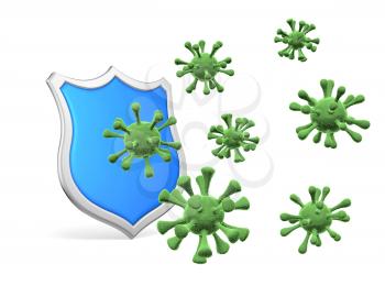 Shield protect form viruses and bacteria cells isolated on white background 3D illustration, coronavirus protection, medical health, immune system and health protection concept