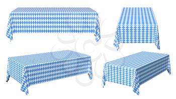 Oktoberfest rectangular tablecloth with blue-white checkered pattern set isolated on white, traditional Oktoberfest festival decorations, 3d illustration collection