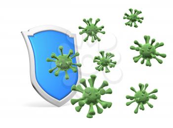 Shield protect form viruses and bacterias isolated on white 3D illustration, COVID-19 coronavirus protection, medical health, immune system and health protection concept