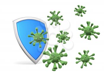 Shield protect form viruses and bacterias isolated on white 3D illustration, coronavirus COVID-19 protection, medical health, immune system and health protection concept