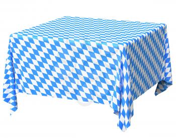 Bavarian square tablecloth with blue-white checkered pattern isolated on white, diagonal view, traditional Oktoberfest festival decorations, 3d illustration