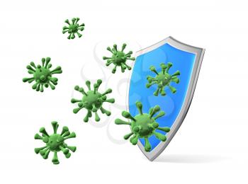Shield protect form viruses and bacteria cells isolated on white 3D illustration, coronavirus protection, medical health, immune system and health protection concept
