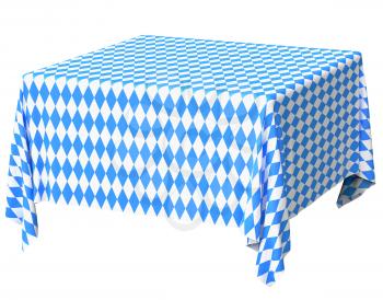 Oktoberfest square tablecloth with blue-white checkered pattern isolated on white, diagonal view, traditional Oktoberfest festival decorations, 3d illustration