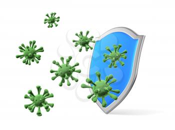Shield protect form viruses and bacterias isolated  3D illustration, COVID-19 coronavirus protection, medical health, immune system and health protection concept