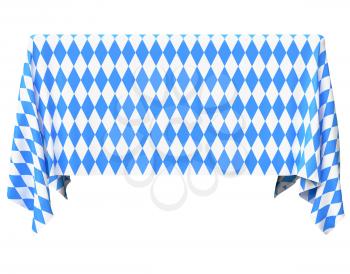 Square oktoberfest tablecloth with blue-white checkered pattern isolated on white, front view, traditional Oktoberfest festival decorations, 3d illustration