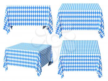 Oktoberfest square tablecloth with blue-white checkered pattern set isolated on white, traditional Oktoberfest festival decorations, 3d illustration collection