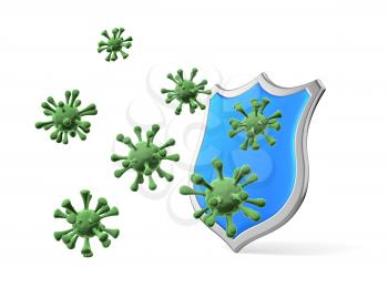 Shield protect form viruses and bacterias isolated  3D illustration, coronavirus protection, medical health, immune system and health protection concept