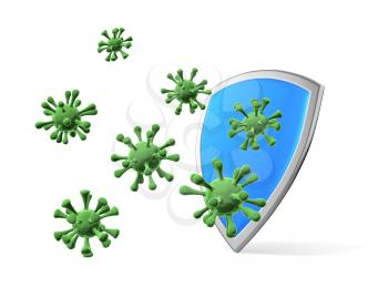 Shield protect form viruses and bacteria cells isolated  3D illustration, coronavirus COVID-19 protection, medical health, immune system and health protection concept
