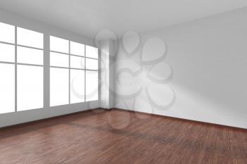 Empty room with dark wooden hardwood parquet floor, big window, walls with white textured wallpaper and sunlight from window, perspective view, 3d illustration