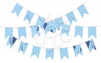 Oktoberfest party flags garland buntings of Bavarian checkered blue flag with blue-white checkered pattern, Oktoberfest traditional festival decorations isolated on white background, 3D illustration.