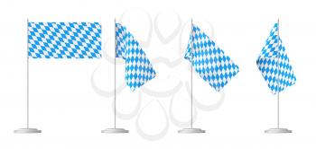 Bavaria small table flags on stand set isolated on white, Oktoberfest checkered blue flag with blue-white checkered pattern, traditional festival decorations, 3D illustration