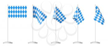 Oktoberfest small table flags on stand collection isolated on white, Bavarian checkered blue flag with blue-white checkered pattern, traditional Oktoberfest festival decorations set, 3D illustration