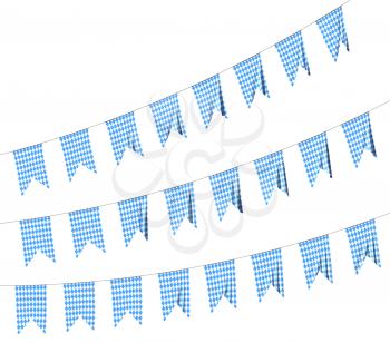 Party flags for Oktoberfest festival garland buntings of Bavarian checkered blue flag with blue-white checkered pattern, traditional Oktoberfest festival decorations isolated, 3D illustration