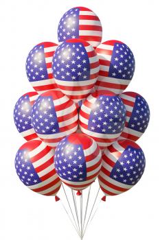 United States of America patriotic balloons painted with USA flag with ribbons isolated on white. 4th of July USA Independence Day celebration decoration, 3D illustration.