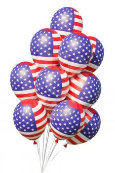 United States of America patriotic balloons with ribbons, painted with USA flag isolated on white. 4th of July USA Independence Day celebration decoration, 3D illustration.