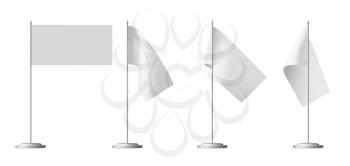Small white table flag on stand isolated on white, 3d illustrations set