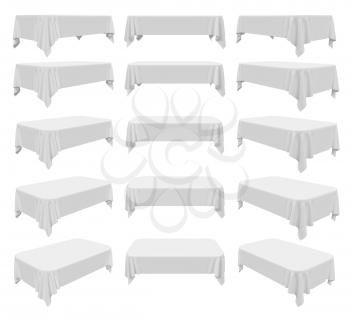 White rectangular rounded tablecloth set isolated on white, 3d illustration