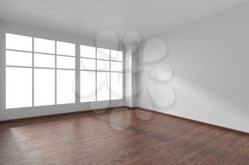 Empty room with dark hardwood parquet floor, big window and walls with white textured wallpaper and sunlight from window, perspective view, 3d illustration