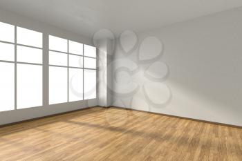 Empty room with wooden hardwood parquet floor, big window, walls with white textured wallpaper and sunlight from window, perspective view, 3d illustration