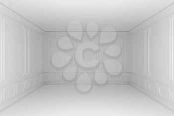 Simple empty white room with white decorative molding on wall in classic style, with baseboard, flat floor and ceiling, dark side. Classic style colorless interior background, 3d illustration.