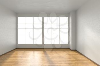 Empty room with hardwood parquet floor, big window and walls with white textured wallpaper and sunlight from window, perspective view, 3d illustration