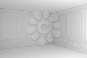 White empty room with white decorative molding on wall in classic style, with baseboard, flat floor and ceiling, dark corner. Classic style colorless interior background, 3d illustration.
