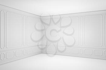 Simple empty white room with white decorative molding frames elements on wall in classic style, with flat ceiling, floor and baseboard. Classic style colorless interior background, 3d illustration.