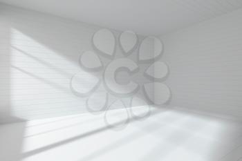 Abstract architecture white room interior - empty white room made with flat horizontal white planks on wall, floor and ceiling with light from window, abstract 3d illustration architectural background