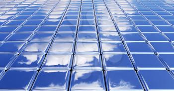 Glossy flat smooth surface made of metal shiny cubes under blue sky with white clouds, abstract blue graphic background with reflections, 3D illustration for different conceptual graphic projects