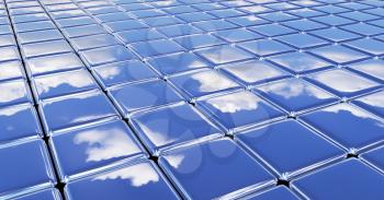 Flat glossy smooth surface made of metal shiny cubes under blue sky with white clouds, abstract blue graphic background with reflections, 3D illustration for different conceptual graphic projects.
