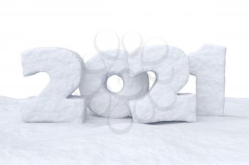 2021 Happy New Year sign text written with numbers made of snow on snow surface, winter snow symbol 3d illustration isolated on white