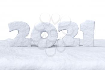 Happy New Year 2021 sign text written with numbers made of snow on snow surface, winter snow symbol 3d illustration isolated on white