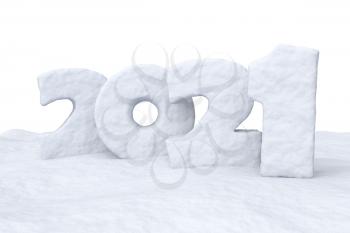 Happy New Year 2021 sign text written with numbers made of snow on snow surface winter snow symbol 3d illustration isolated.