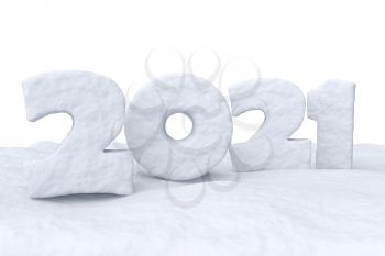 2021 Happy New Year sign text written with numbers made of snow on snow surface, winter symbol 3d illustration isolated on white.