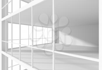 Empty white business office room with sunlight from windows and empty space view from outside through the window, colorless business office room 3d illustration