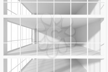 Empty white business office room with white floor, ceiling and walls and sunlight from windows and empty space view from outside through the window, colorless business office room 3d illustration