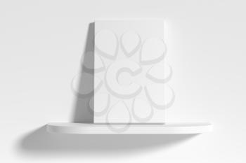 Blank white empty rectangular poster on white rounded shelf leaning at empty white wall, white bleached colorless poster mock-up, 3D Illustration