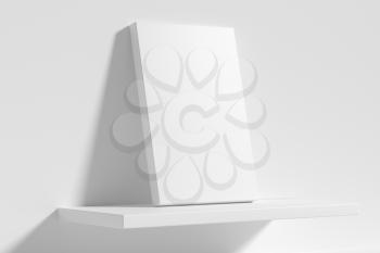 Blank white empty rectangular poster on white shelf leaning at empty white wall, diagonal view, white bleached colorless poster mock-up, 3D Illustration