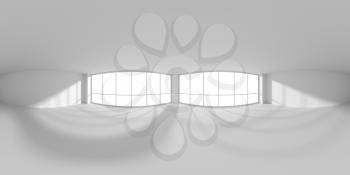 HDRI environment map of empty white business office room with empty space and sunlight from windows, colorless 360 degrees spherical panorama view from center, 3d illustration