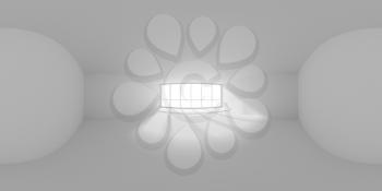 HDRI environment map of empty white business office room with empty space and sunlight from large window, white colorless 360 degrees spherical panorama background 3d illustration