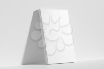 Blank white empty rectangular poster on floor leaning at empty white wall, diagonal view, white bleached colorless poster mock-up, 3D Illustration