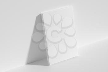 Blank white empty rectangular poster on floor leaning at empty white wall, top diagonal view, white bleached colorless poster mock-up, 3D Illustration