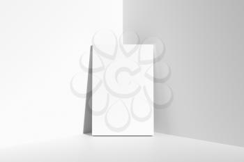 Blank white empty rectangular poster on floor leaning at empty white walls in cornet, white bleached colorless poster mock-up, 3D Illustration