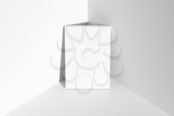 Blank white empty rectangular poster on floor leaning at empty white walls in cornet top view, white bleached colorless poster mock-up, 3D Illustration