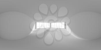 HDRI environment map of white empty business office room with empty space and sunlight from windows, white colorless 360 degrees spherical panorama background, 3d illustration