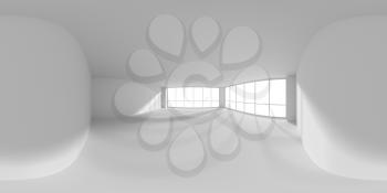 HDRI environment map of empty white business office room with empty space and sunlight from windows, colorless 360 degrees spherical panorama view from corner, 3d illustration