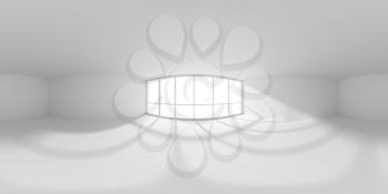 HDRI environment map of white empty business office room with empty space and sunlight from large window, white colorless 360 degrees spherical panorama background 3d illustration