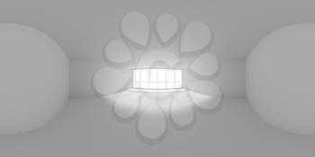 HDRI environment map of white empty business office room with empty space and sunlight from big window, white colorless 360 degrees spherical panorama background 3d illustration