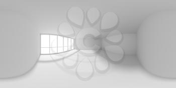 HDRI environment map of empty white office room with empty space and sun light from big window, white colorless 360 degrees spherical panorama background 3d illustration